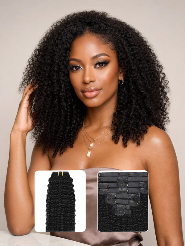 Raw Hair Clip Ins | Kinky Curly Seamless PU Weft Raw Hair Extensions 8pcs With 18 Clips