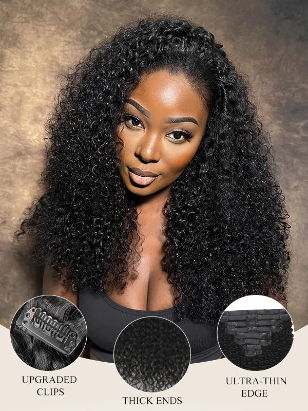 Raw Hair Clip Ins | Kinky Curly Seamless PU Weft Raw Hair Extensions 8pcs With 18 Clips