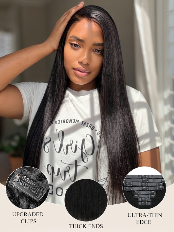 Raw Hair Clip Ins | Yaki Straight Seamless PU Weft Raw Hair Extensions 8pcs With 18 Clips