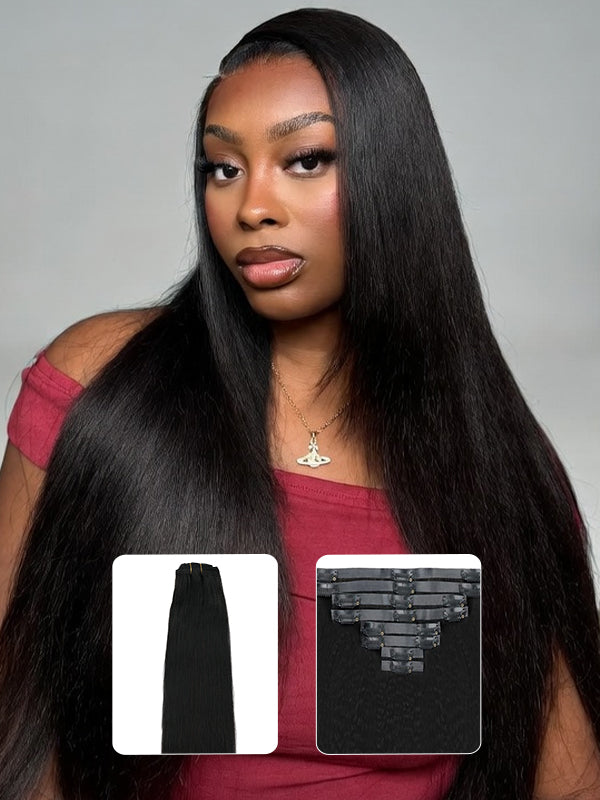 Raw Hair Clip Ins | Yaki Straight Seamless PU Weft Raw Hair Extensions 8pcs With 18 Clips