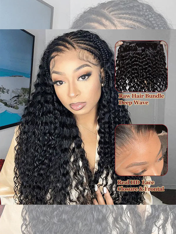 Raw Hair | Deep Wave Bundles Deal 100% Raw Virgin Human Hair With HD Closure & Frontal