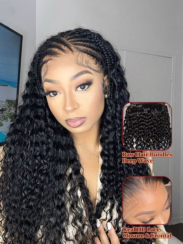Raw Hair | Deep Wave Bundles Deal 100% Raw Virgin Human Hair With HD Closure & Frontal