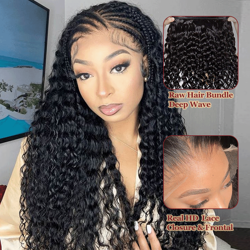 Raw Hair | Deep Wave Bundles Deal 100% Raw Virgin Human Hair With HD Closure & Frontal