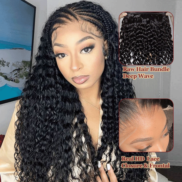 Raw Hair | Deep Wave Bundles Deal 100% Raw Virgin Human Hair With HD Closure & Frontal