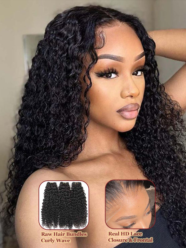 Raw Hair | Curly Wave Bundles Deal 100% Raw Virgin Human Hair With HD Closure & Frontal