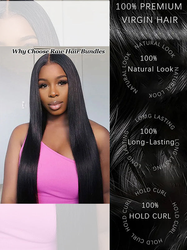 Cheveux bruts | Offre groupée de cheveux lisses et soyeux 100 % cheveux humains vierges bruts avec fermeture HD et frontal 