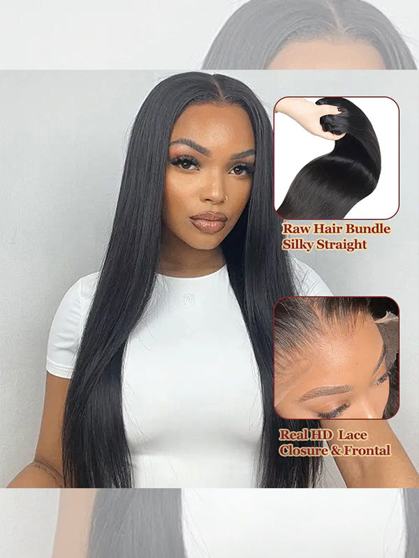 Cheveux bruts | Offre groupée de cheveux lisses et soyeux 100 % cheveux humains vierges bruts avec fermeture HD et frontal 