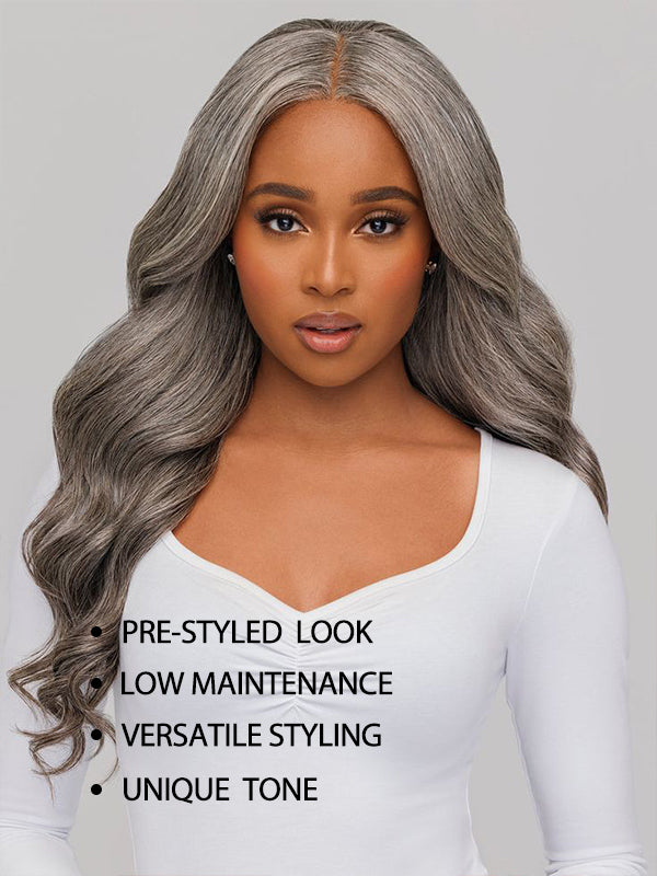 Salt and Pepper Layered Body Wave Wig Boss Vibe Grey Wig Pre-Cut Lace