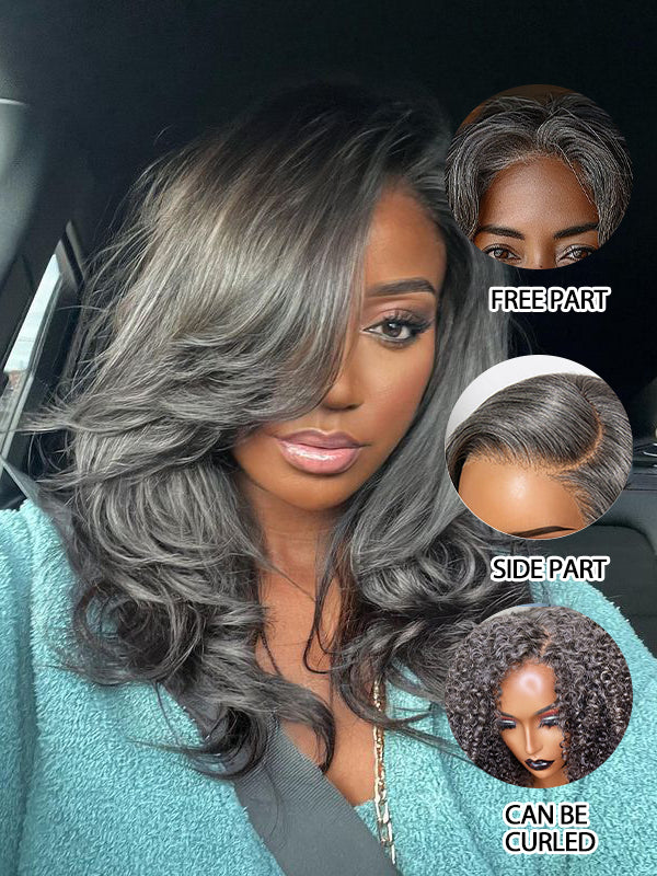 Salt and Pepper Layered Body Wave Wig Boss Vibe Grey Wig Pre-Cut Lace