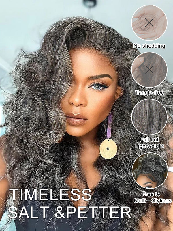 Salt and Pepper Layered Body Wave Wig Boss Vibe Grey Wig Pre-Cut Lace
