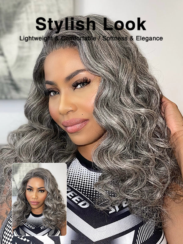 Salt and Pepper Layered Body Wave Wig Boss Vibe Grey Wig Pre-Cut Lace