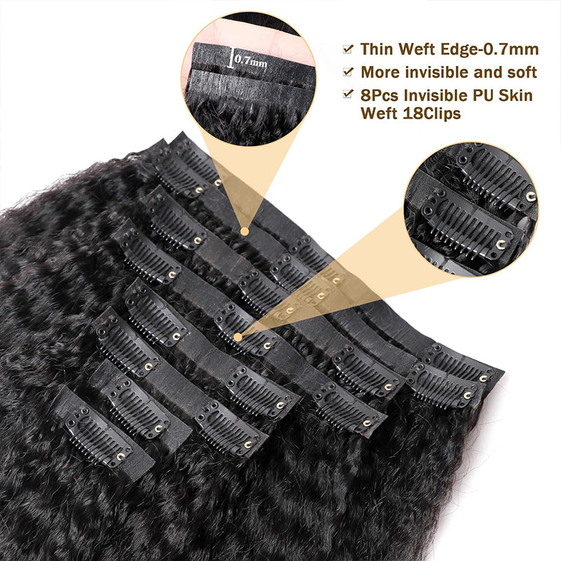 Seamless PU Weft Clip In Hair Extensions Kinky Straight Clip Ins For Black Women Remy Human Hair 8pcs With 18 Clips