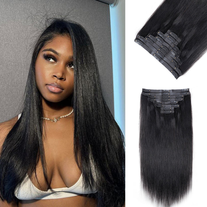 Seamless Clip In Hair Extensions Silky Straight PU Weft Clip Ins For Black Women Remy Human Hair 8pcs With 18 Clips