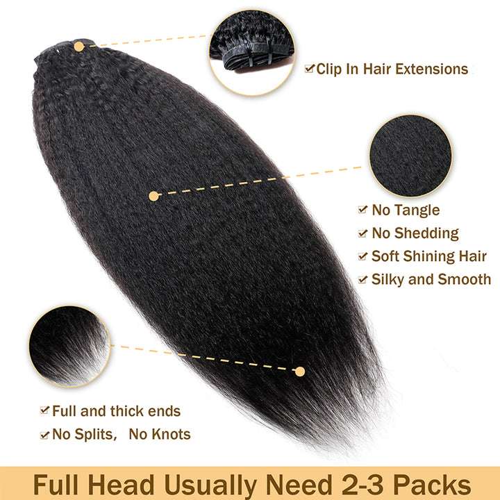 Fast Shipping | Kinky Straight Seamless PU Weft Clip In Hair Extensions 8pcs With 18 Clips