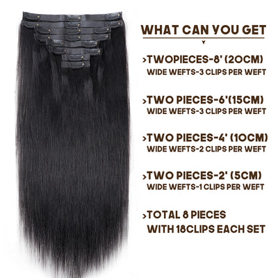 Seamless Clip In Hair Extensions Silky Straight PU Weft Clip Ins For Black Women Remy Human Hair 8pcs With 18 Clips