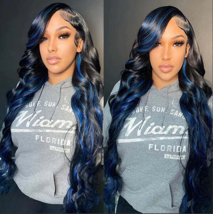 Klein Blue Black Highlight Body Wave Lace Front Wigs Straight Human Hair Wigs