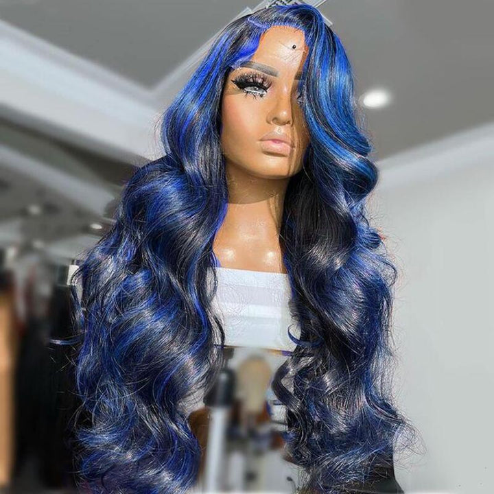 Klein Blue Black Highlight Body Wave Lace Front Wigs Straight Human Hair Wigs