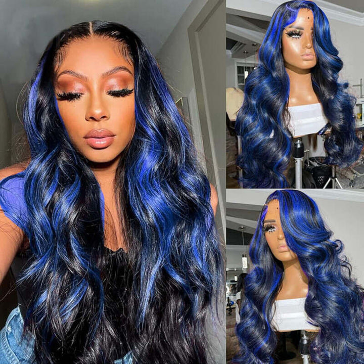 Klein Blue Black Highlight Body Wave Lace Front Wigs Straight Human Hair Wigs