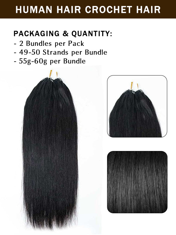 SilkyStraight/Yaki Straight Pre-Seperated Feather Crochet Human Hair Extensions Kinky Straight for Black Women, Reusable Braiding Hair