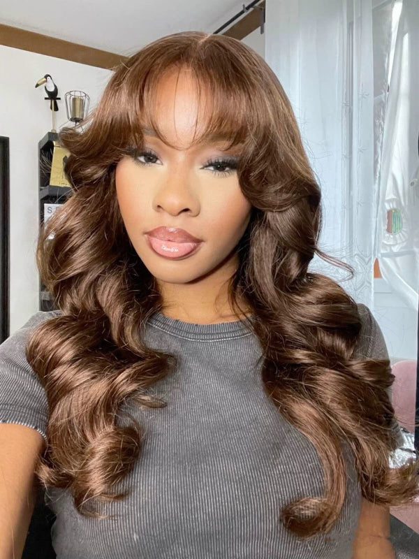 True Scalp 2x4 Realistic Body Wave Wig #4 Brown Minimalist Undetectable Lace Wig with Bangs