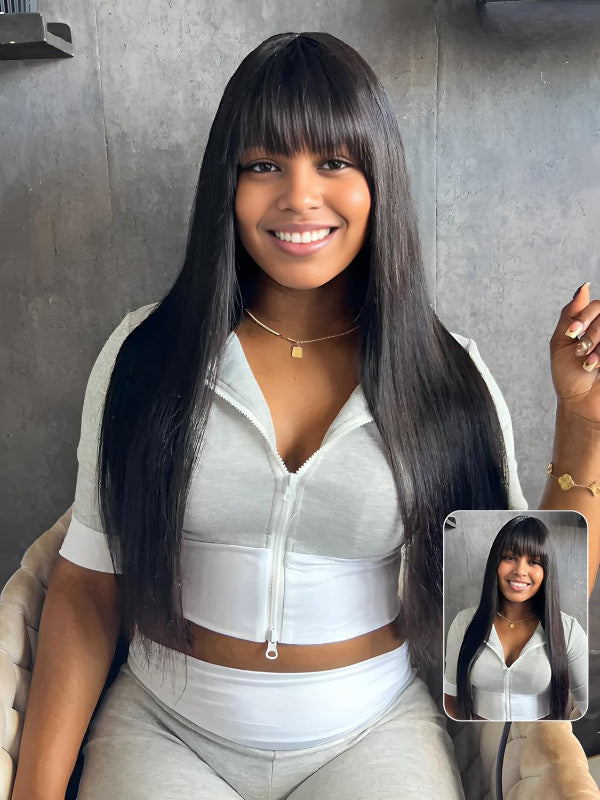 True Scalp 2x4 Realistic Yaki Straight Wig 10"-26" With Bangs Minimalist Undetectable Lace Wig