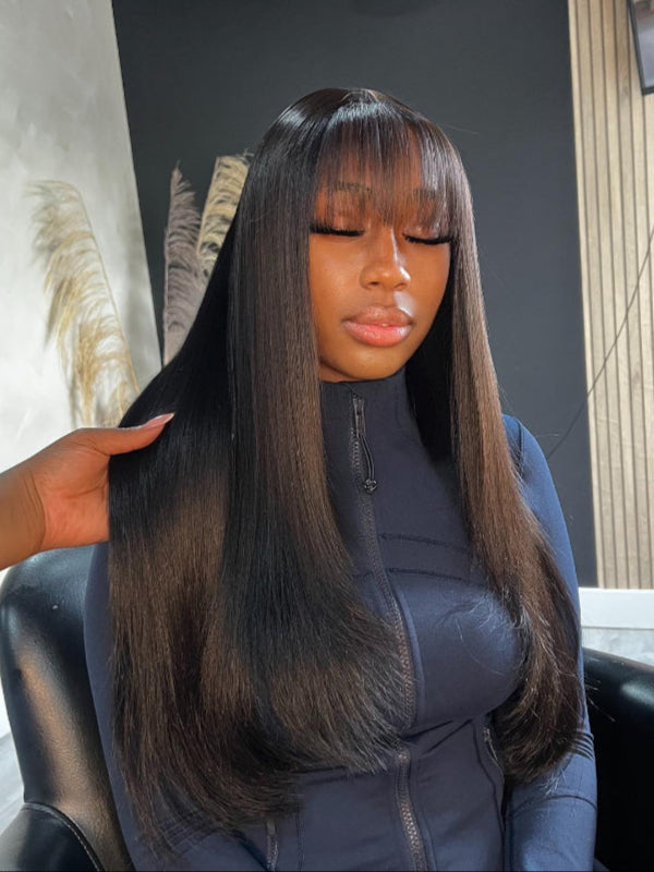 True Scalp 2x4 Realistic Yaki Straight Wig 10"-26" With Bangs Minimalist Undetectable Lace Wig