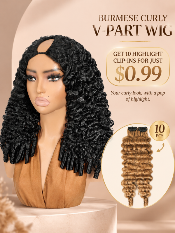 V Part Wig Burmese Curly Beginner Friendly 180% / 250% Density 100% Human Hair
