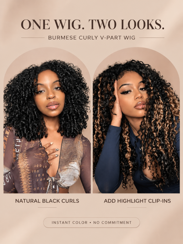 V Part Wig Burmese Curly Beginner Friendly 180% / 250% Density 100% Human Hair