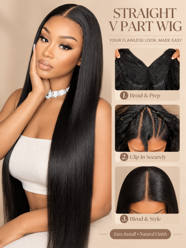 V Part Wig Straight Beginner Friendly 180% / 250% Density 100% Human Hair