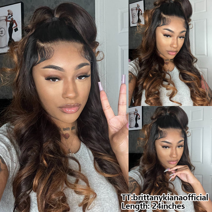 Wear & Go | Brown Loose Body Wave Pre-Bleached Glueless Wig Black Hair with Chestnut Brown Highlights Lace Wig Dome Cap Wigs