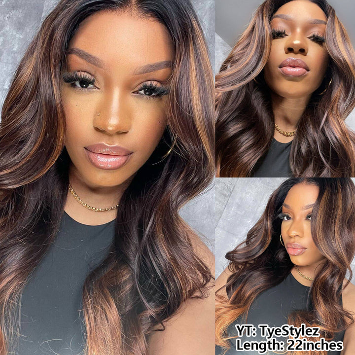 Wear & Go | Brown Loose Body Wave Pre-Bleached Glueless Wig Black Hair with Chestnut Brown Highlights Lace Wig Dome Cap Wigs