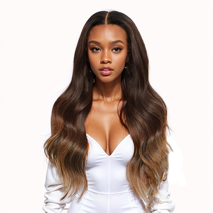 Wear & Go | Brown Straight Pre-Bleached Glueless Wig Black Brown Hair with Chestnut Brown Highlights Lace Wigs