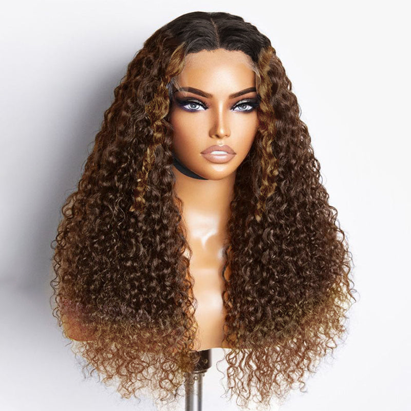 Wear & Go | Curly Wave Dark Brown to Chestnut Brown Wig Pre-Bleached Glueless Wig Invisible Lace Wig Dome Cap Wigs