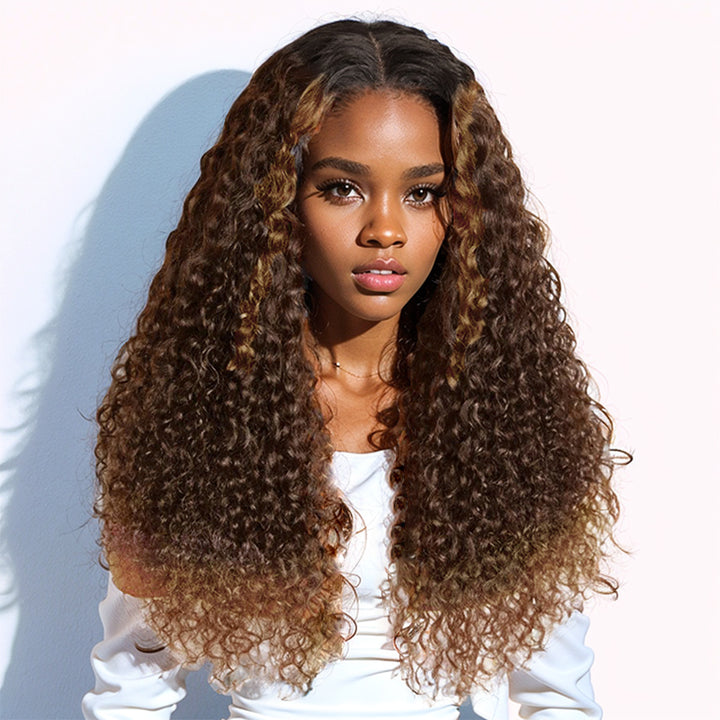 Wear & Go | Curly Wave Dark Brown to Chestnut Brown Wig Pre-Bleached Glueless Wig Invisible Lace Wig Dome Cap Wigs