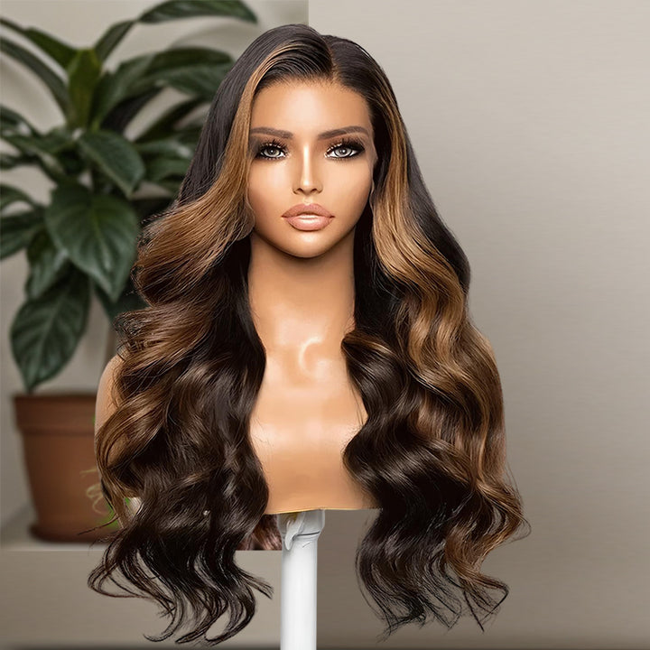 Wear & Go | Dark Hair With Chestnut Brown Highlight Wig Glueless Loose Body Wave Pre-Bleached Lace Wig