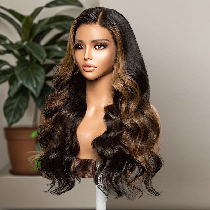 Wear & Go | Dark Hair With Chestnut Brown Highlight Wig Glueless Loose Body Wave Pre-Bleached Lace Wig