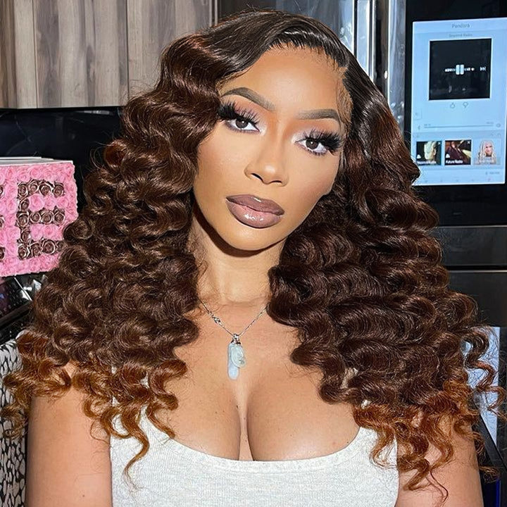 Wear & Go | Loose Deep Wave Dark Brown to Chestnut Brown Wig Pre-Bleached Glueless Wig Invisible Lace Wig Dome Cap Wigs