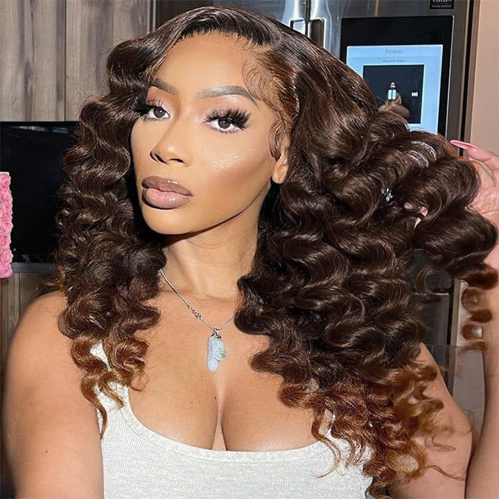 Wear & Go | Loose Deep Wave Dark Brown to Chestnut Brown Wig Pre-Bleached Glueless Wig Invisible Lace Wig Dome Cap Wigs