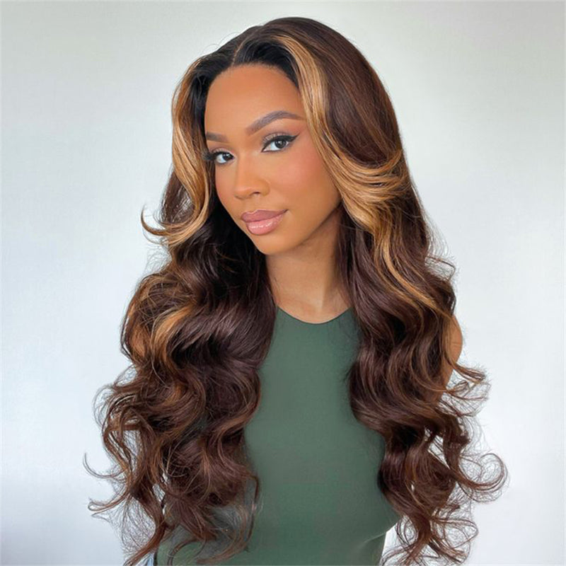 Wear & Go | Highlight Brown Pre Bleached  Body Wave Glueless Lace Wig Human Hair Wig