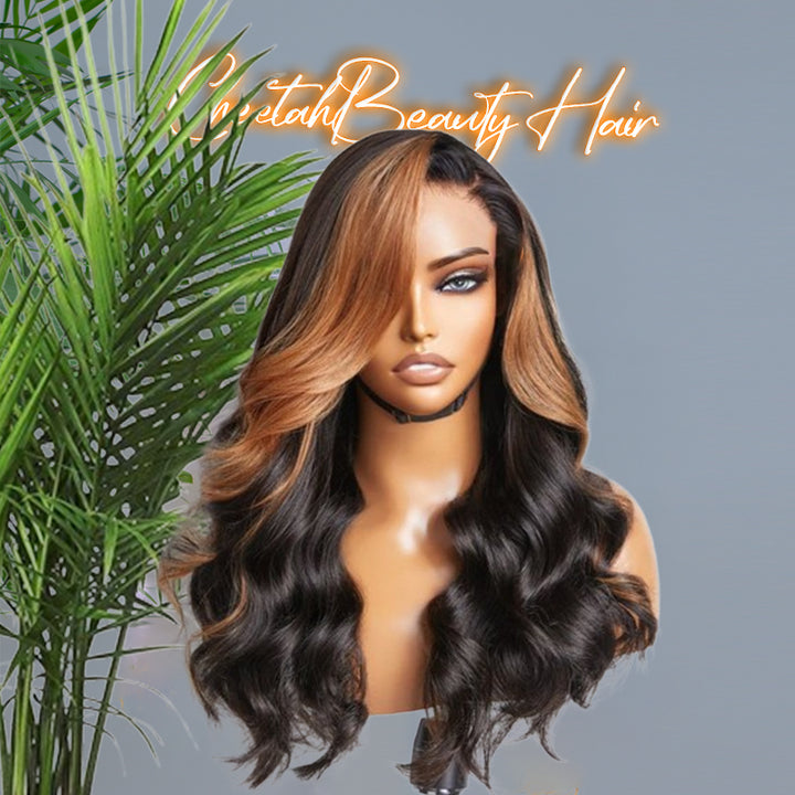 Wear & Go M-Cap Honey Blonde Highlight Body Wave 9x6 Lace Glueless Wig Pre Bleached Human Hair Wig