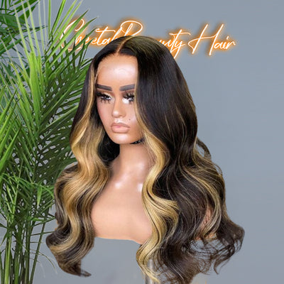Wear & Go M-Cap Honey Peekaboo Blonde Body Wave 9x6 Lace Glueless Wig Pre Bleached Human Hair Wig
