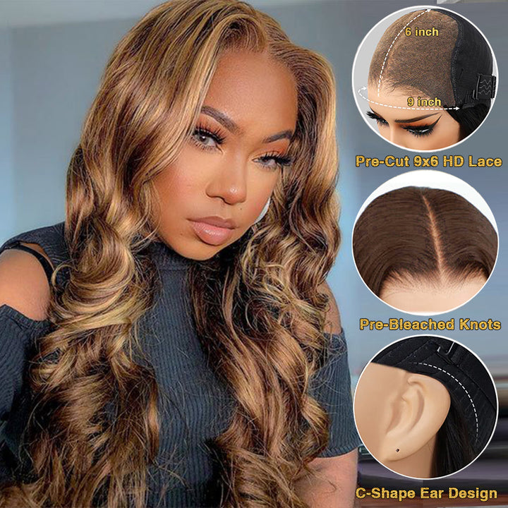 Wear & Go | Glueless P4/27 Highlight Body Wave 9x6 Lace Glueless Wig Pre Bleached Human Hair Wig