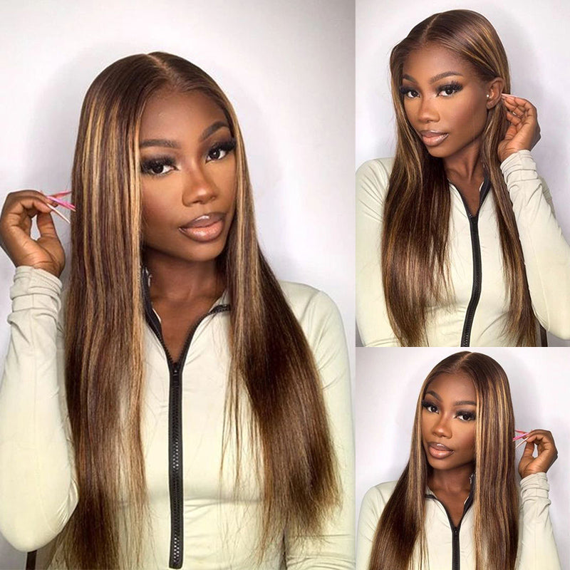 Wear & Go | P4/27 Highlight Pre-Bleached Straight Glueless Wig Invisible Lace Wig Dome Cap Wigs