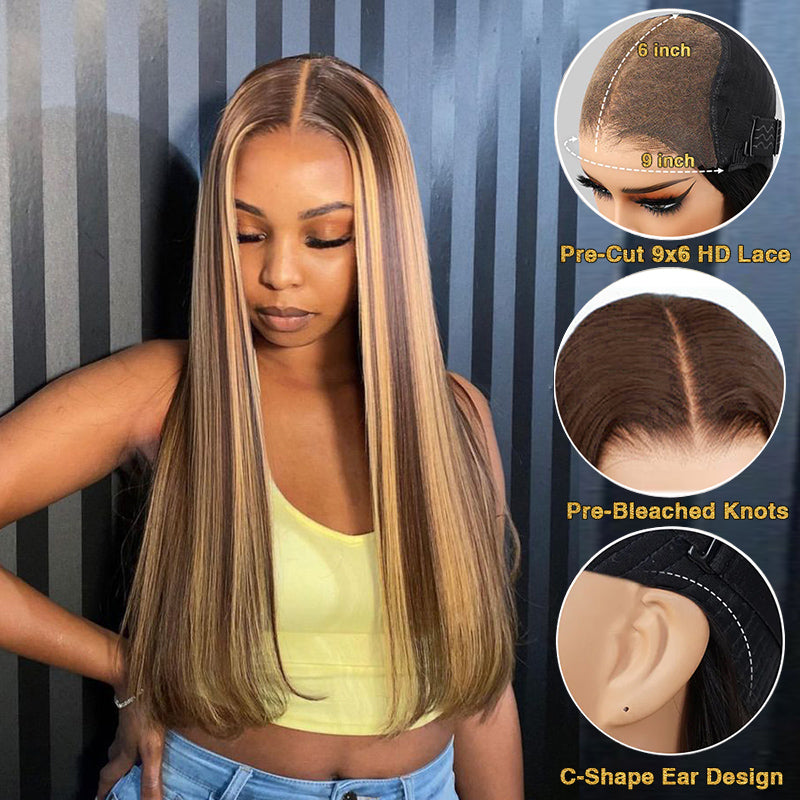 Wear & Go | P4/27 Highlight Pre-Bleached Straight Glueless Wig Invisible Lace Wig Dome Cap Wigs