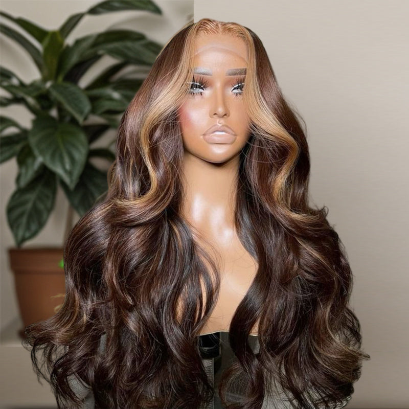 Wear & Go | Natural Brown Highlight Loose Body Wave Glueless Wig  Pre-Bleached Lace Wig