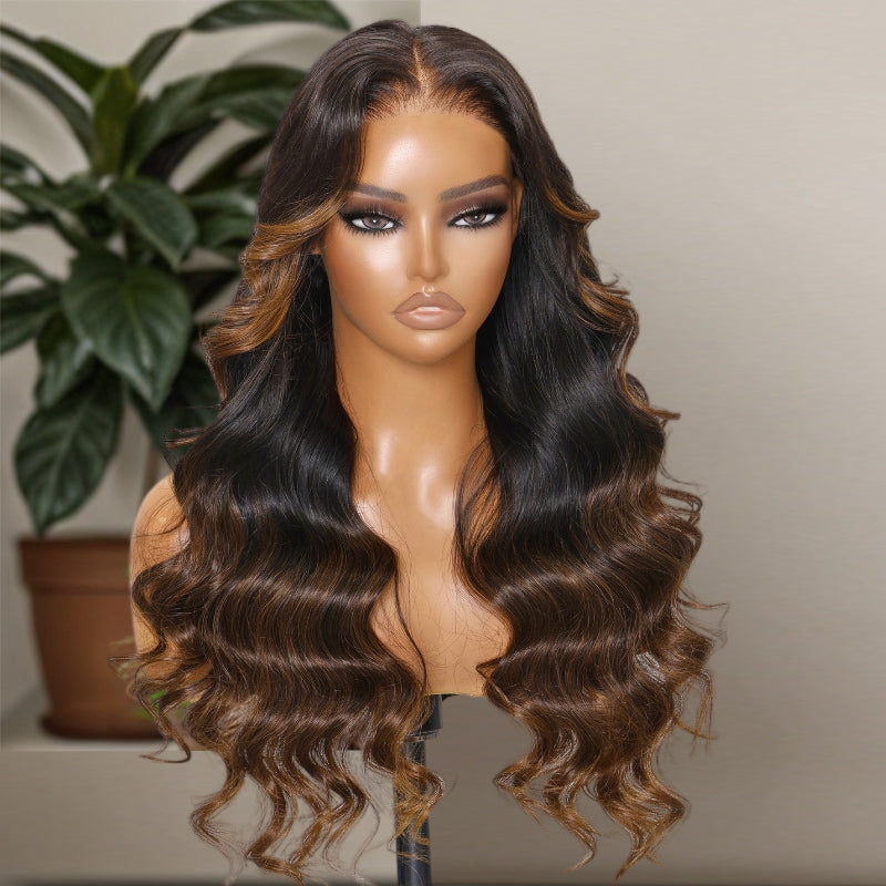 Wear & Go | Dark Hair to Brown Glueless Ombre Wig Light Brown Loose Body Wave Pre-Bleached Lace Wig