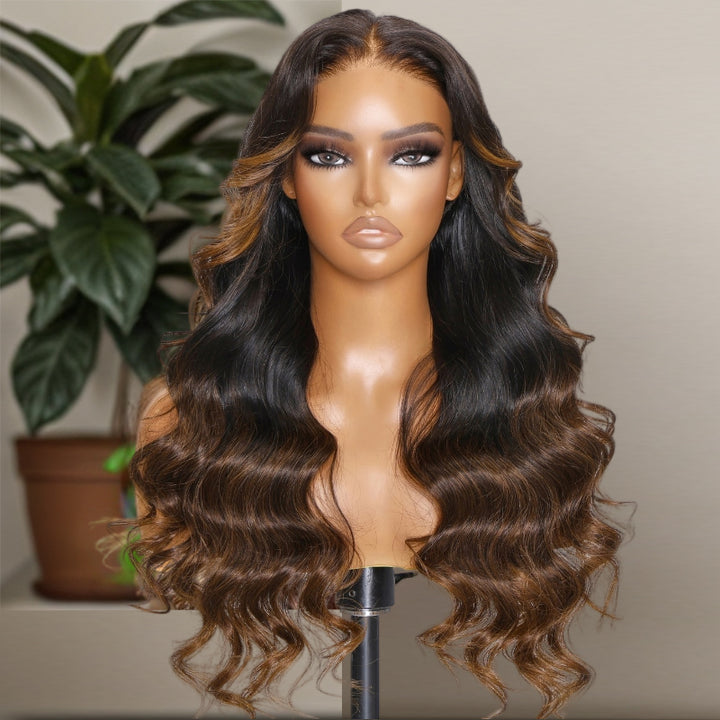 Wear & Go | Dark Hair to Brown Glueless Ombre Wig Light Brown Loose Body Wave Pre-Bleached Lace Wig