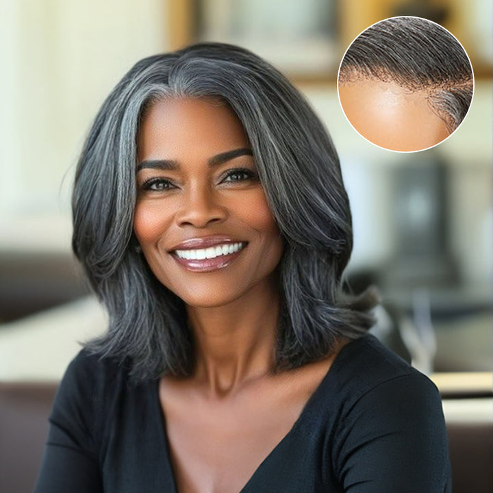 Wear&Go Salt and Pepper Straight Bob Wig Glueless Grey Wig Pre-Cut Lace