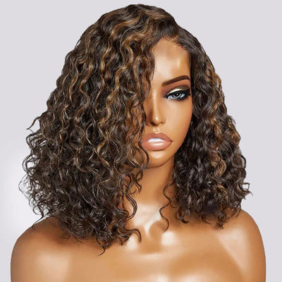 Wear & Go Water Wave Bob Wig Casual Blonde Highlights Glueless Wig Pre Bleached Human Hair Wig