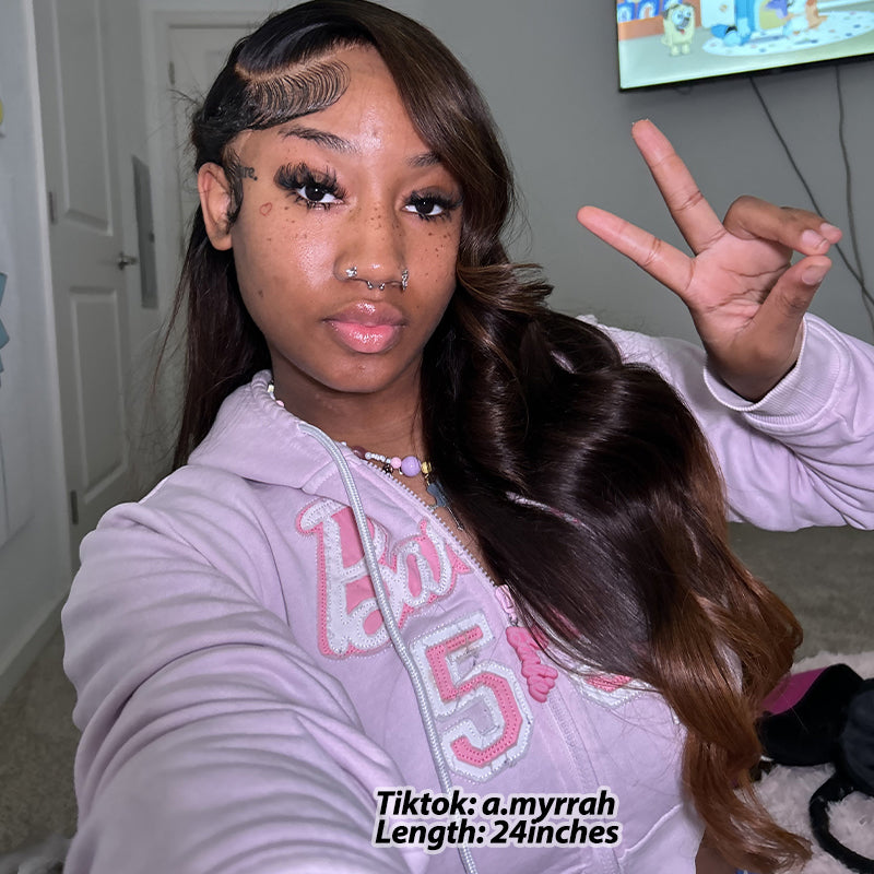 Wear & Go | 9x6 Brown Loose Body Wave Pre-Bleached Glueless Wig Black Hair with Chestnut Brown Highlights Lace Wig Dome Cap Wigs